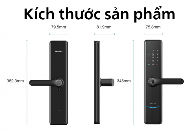 Kích thước sản phẩm khóa cửa thông minh Philips 7300